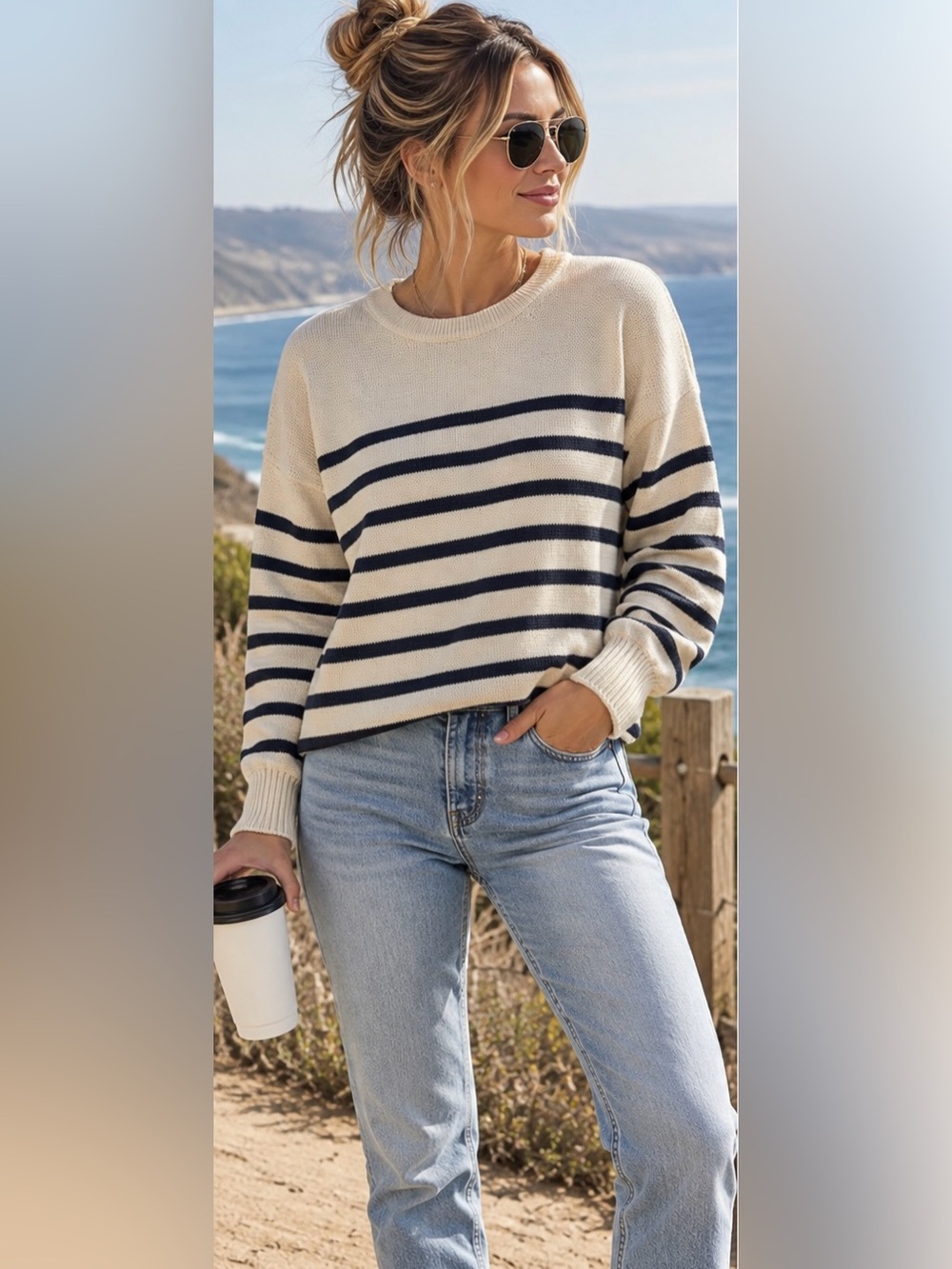 Madewell L Cream Navy Striped 100% Cotton Crewneck Sweater